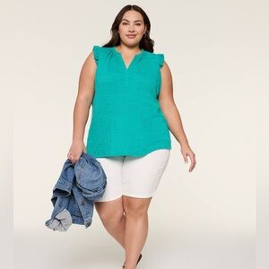 Lane Bryant- NWT Plus Size Teal Ruffle Short Sleeve V-Neck Casual Top-Size 14/16